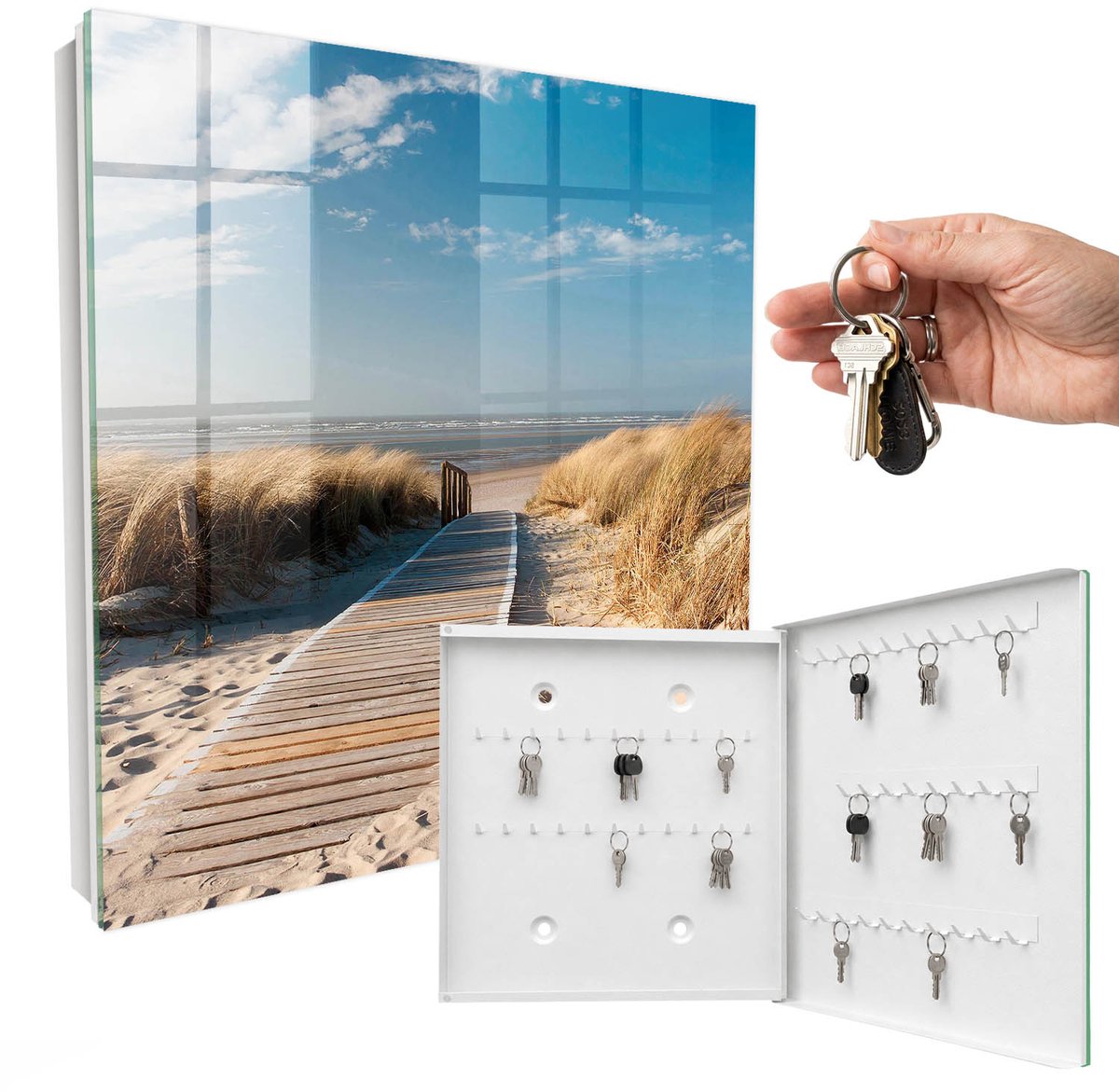 WallMuralia - Sleutelkast - 30x30x5 cm - met 50 haken - Een Rustig Strand Sleutelkastje Binnen - Blauw Sleutelbox - Rechtsopenend - Wit interieur