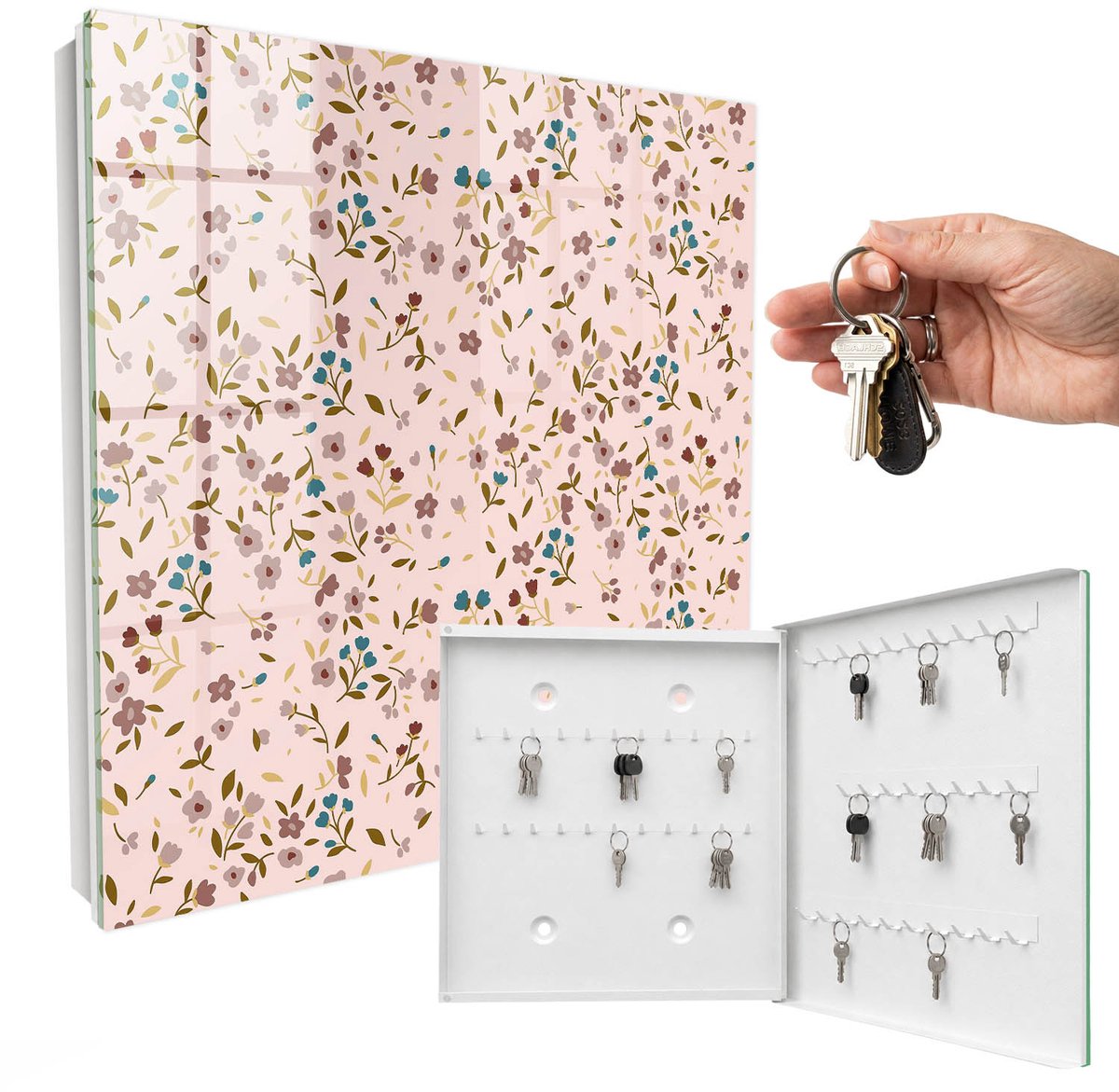 WallMuralia - Sleutelkast - 30x30x5 cm - met 50 haken - Bloemenpatroon Sleutelkastje Klein - Roze Sleutelbox - Rechtsopenend - Wit interieur