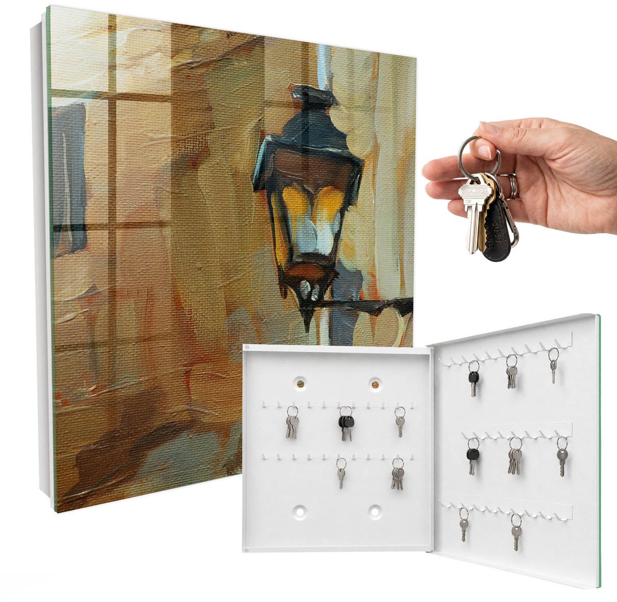 WallMuralia - Sleutelkast - 30x30x5 cm - met 50 haken - Retro Lamp Sleutelkastje Hal - Beige Sleutelbox - Rechtsopenend - Wit interieur