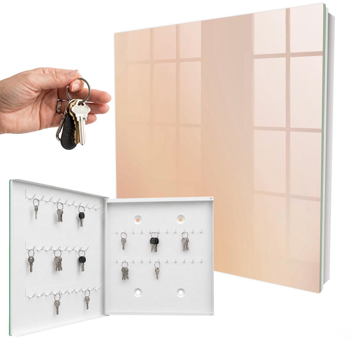 WallMuralia - Sleutelkast - 30x30x5 cm - met 50 haken - Pasteltinten Design Sleutelkastje - Beige Sleutelbox - Linksopenend - Wit interieur