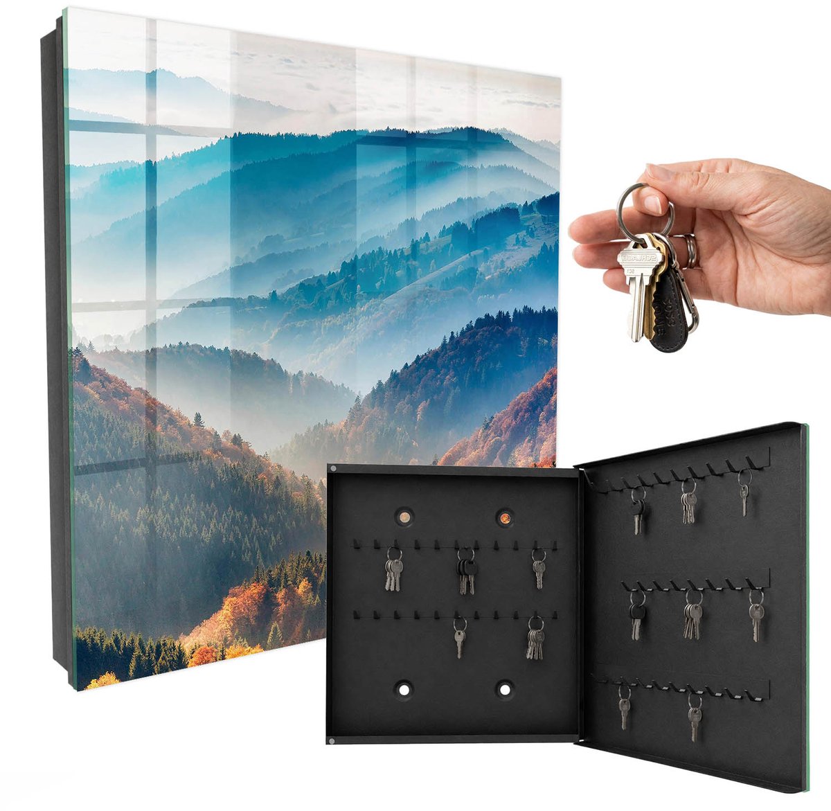 WallMuralia - Sleutelkast - 30x30x5 cm - met 50 haken - Berglandschap Sleutelkastje Design - Blauw Sleutelbox - Rechtsopenend - Zwart interieur