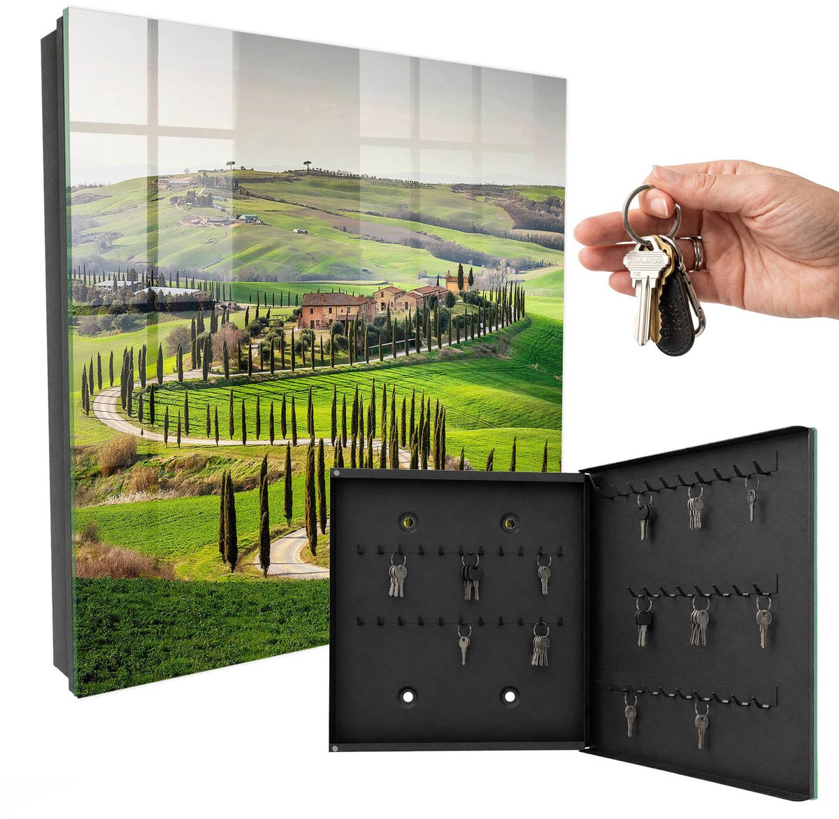 WallMuralia - Sleutelkast - 30x30x5 cm - met 50 haken - Toscaans Landschap Sleutelkastje Modern - Groente Sleutelbox - Rechtsopenend - Zwart interieur
