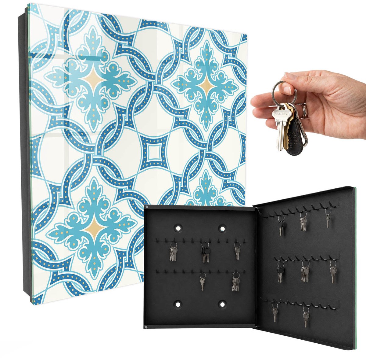 WallMuralia - Sleutelkast - 30x30x5 cm - met 50 haken - Decoratief Mozaïek Sleutelkastje Klein - Turkoois Sleutelbox - Rechtsopenend - Zwart interieur