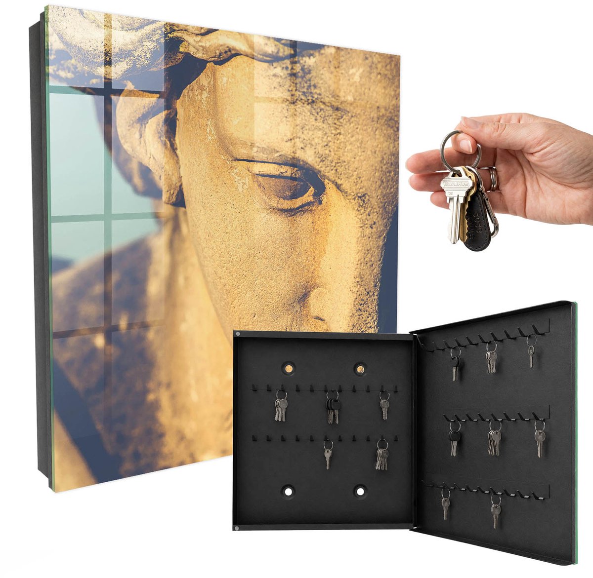 WallMuralia - Sleutelkast - 30x30x5 cm - met 50 haken - Stille Elegantie Sleutelkastje Binnen - Geel Sleutelbox - Rechtsopenend - Zwart interieur