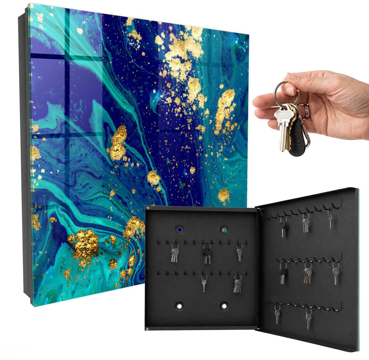 WallMuralia - Sleutelkast - 30x30x5 cm - met 50 haken - Kleurrijke Abstractie Sleutelkastje Modern - Blauw Sleutelbox - Rechtsopenend - Zwart interieur