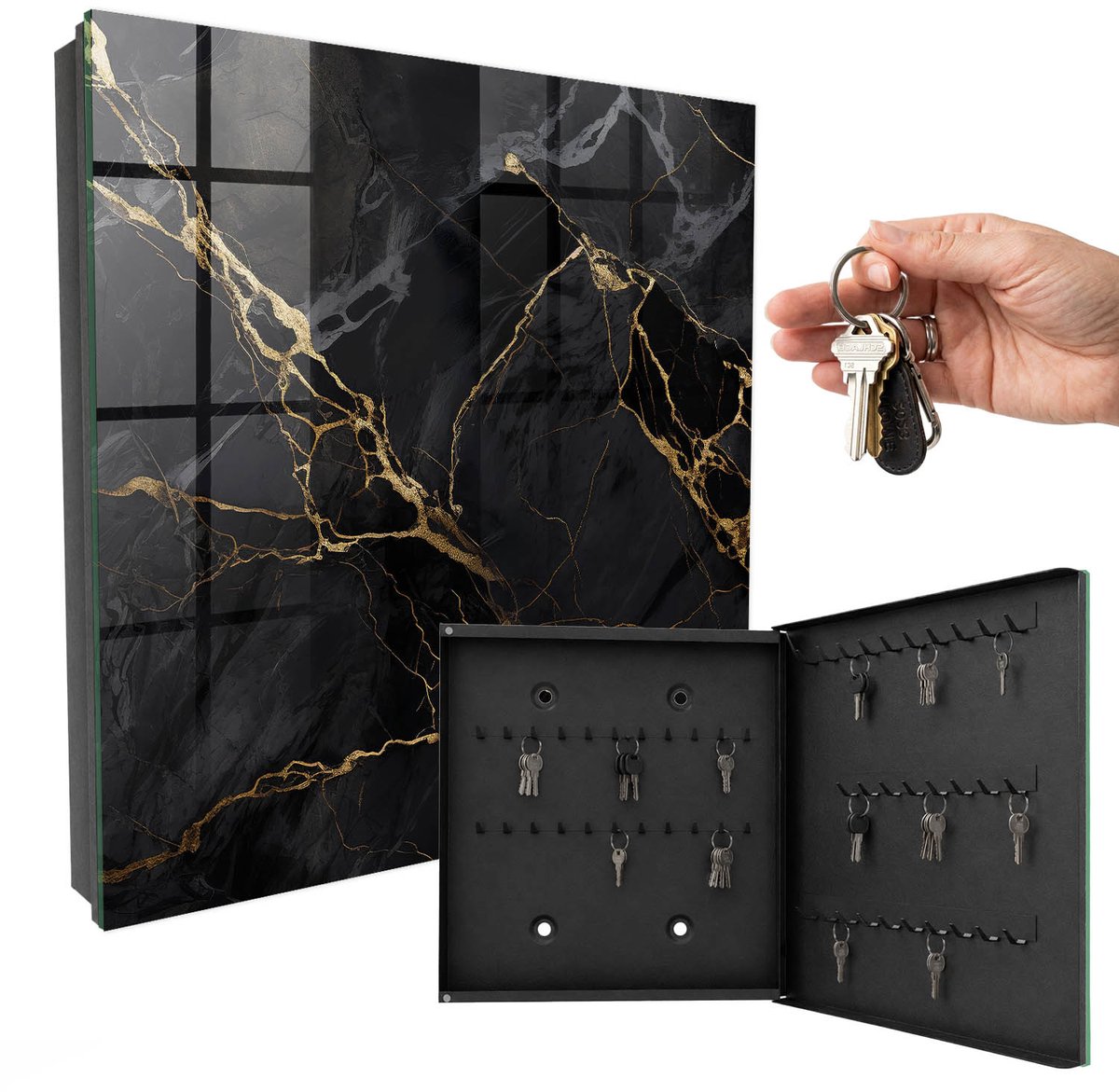 WallMuralia - Sleutelkast - 30x30x5 cm - met 50 haken - Elegant Patroon Sleutelkastje Industrieel - Zwart Sleutelbox - Rechtsopenend - Zwart interieur