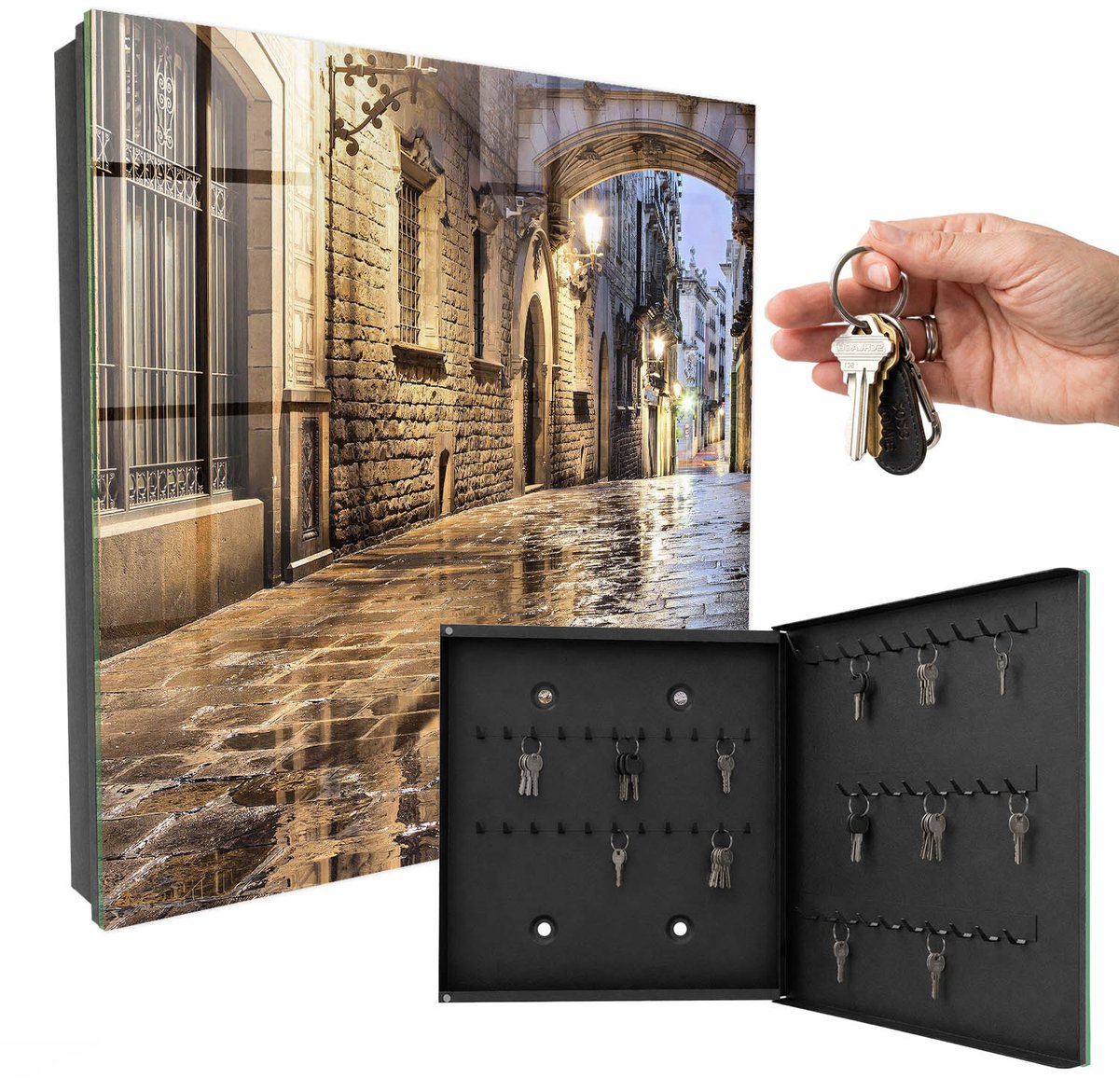 WallMuralia - Sleutelkast - 30x30x5 cm - met 50 haken - Nachtelijke Straat Sleutelkastje Design - Grijs Sleutelbox - Rechtsopenend - Zwart interieur