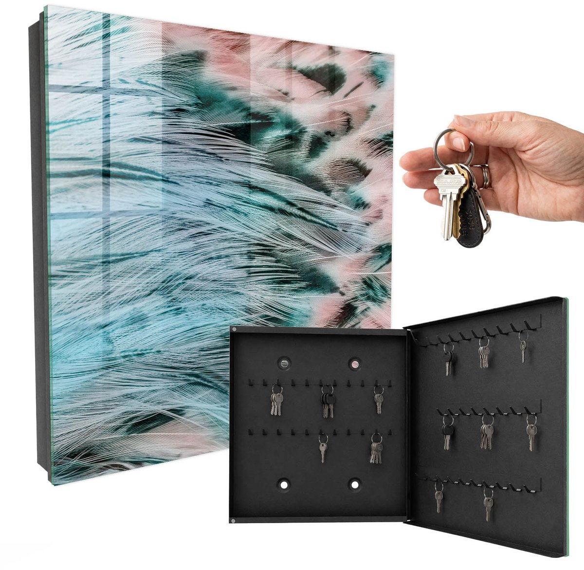 WallMuralia - Sleutelkast - 30x30x5 cm - met 50 haken - Pastelkleurige Veren Sleutelkastje Landelijk - Blauw Sleutelbox - Rechtsopenend - Zwart interieur