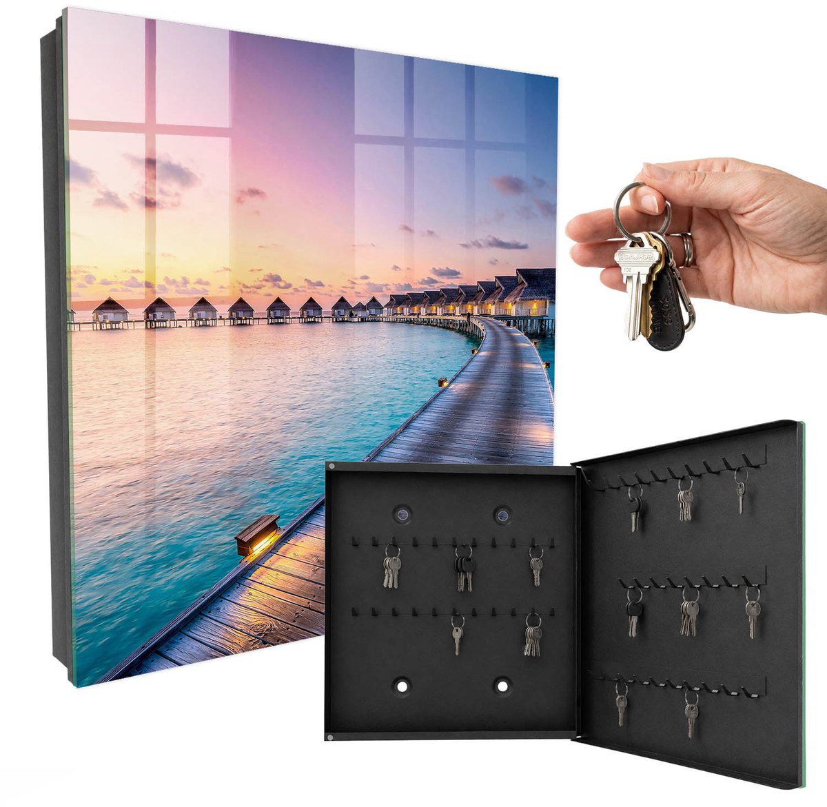 WallMuralia - Sleutelkast - 30x30x5 cm - met 50 haken - Vredige Zonsondergang Sleutelkastje Muur - Blauw Sleutelbox - Rechtsopenend - Zwart interieur