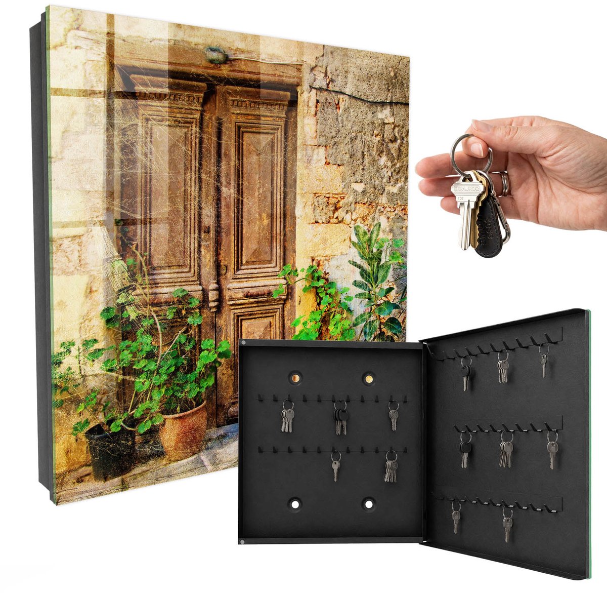 WallMuralia - Sleutelkast - 30x30x5 cm - met 50 haken - Rustieke Deuren Sleutelkastje Modern - Bruin Sleutelbox - Rechtsopenend - Zwart interieur