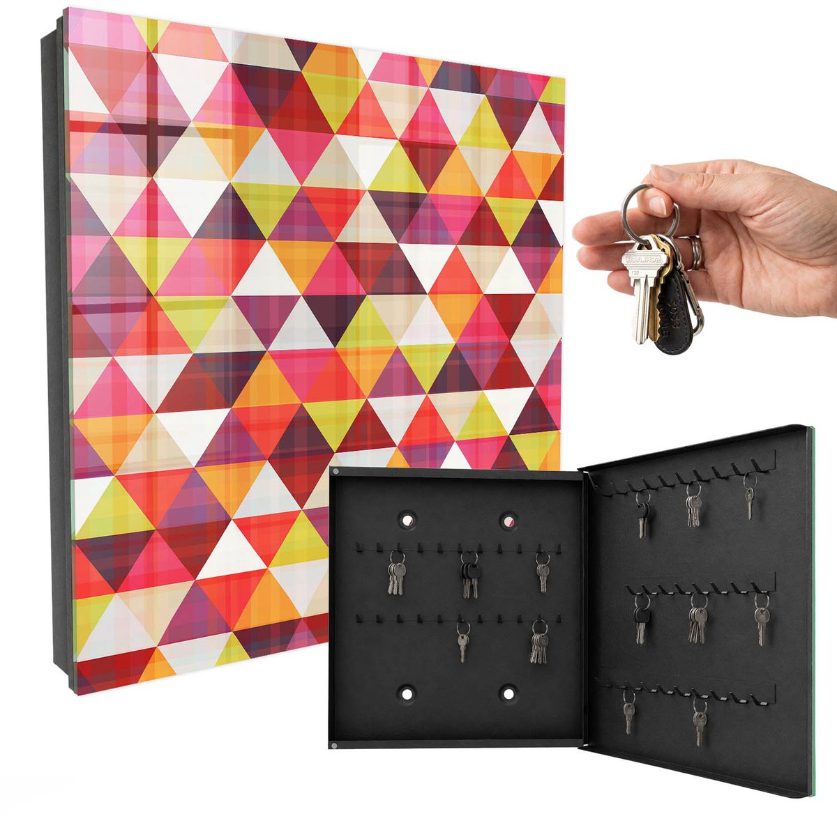 WallMuralia - Sleutelkast - 30x30x5 cm - met 50 haken - Kleurrijke Patronen Sleutelkastje Huis - Rood Sleutelbox - Rechtsopenend - Zwart interieur