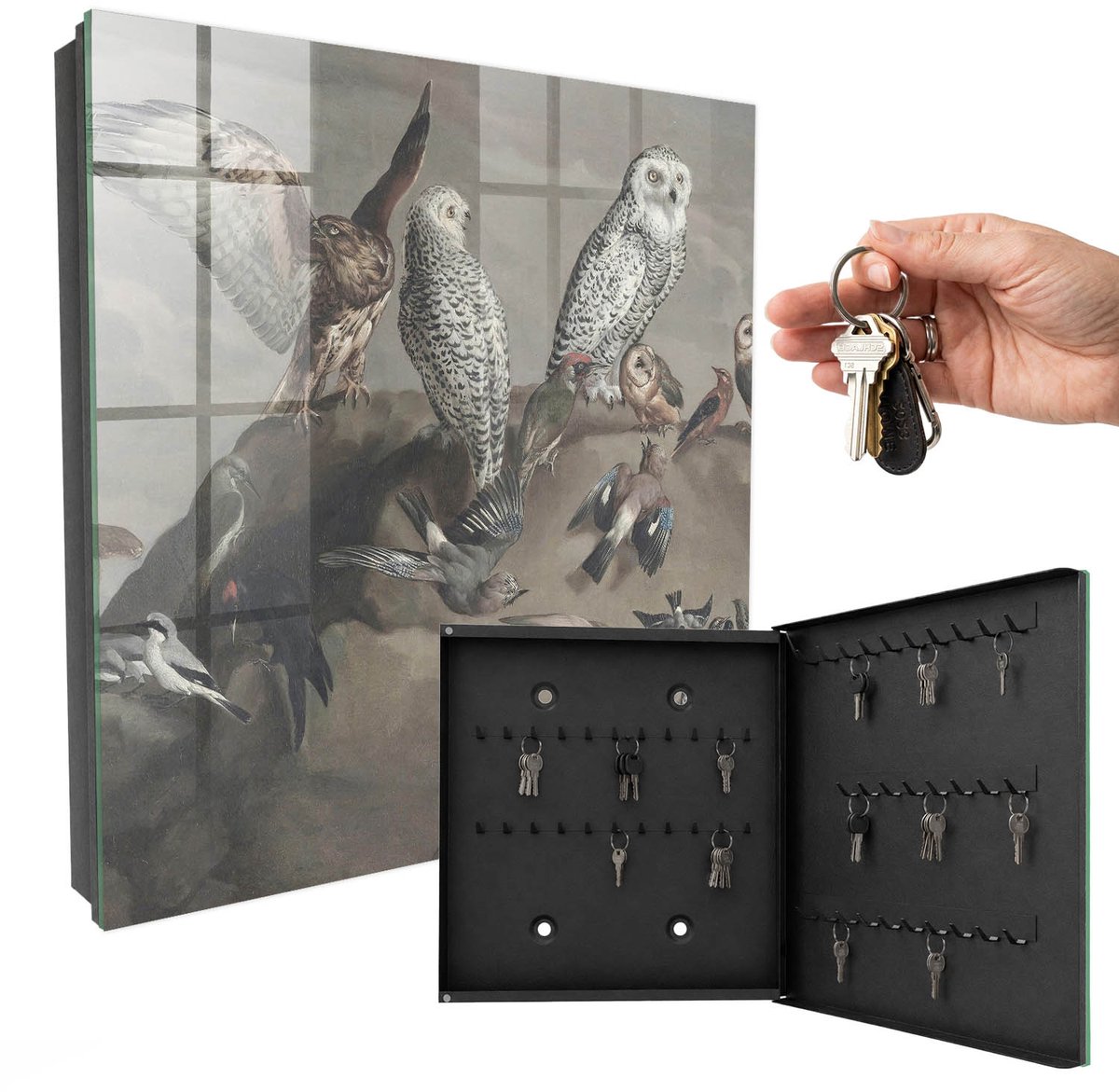 WallMuralia - Sleutelkast - 30x30x5 cm - met 50 haken - Vogels Op Een Rots Sleutelkastje Muur - Grijs Sleutelbox - Rechtsopenend - Zwart interieur