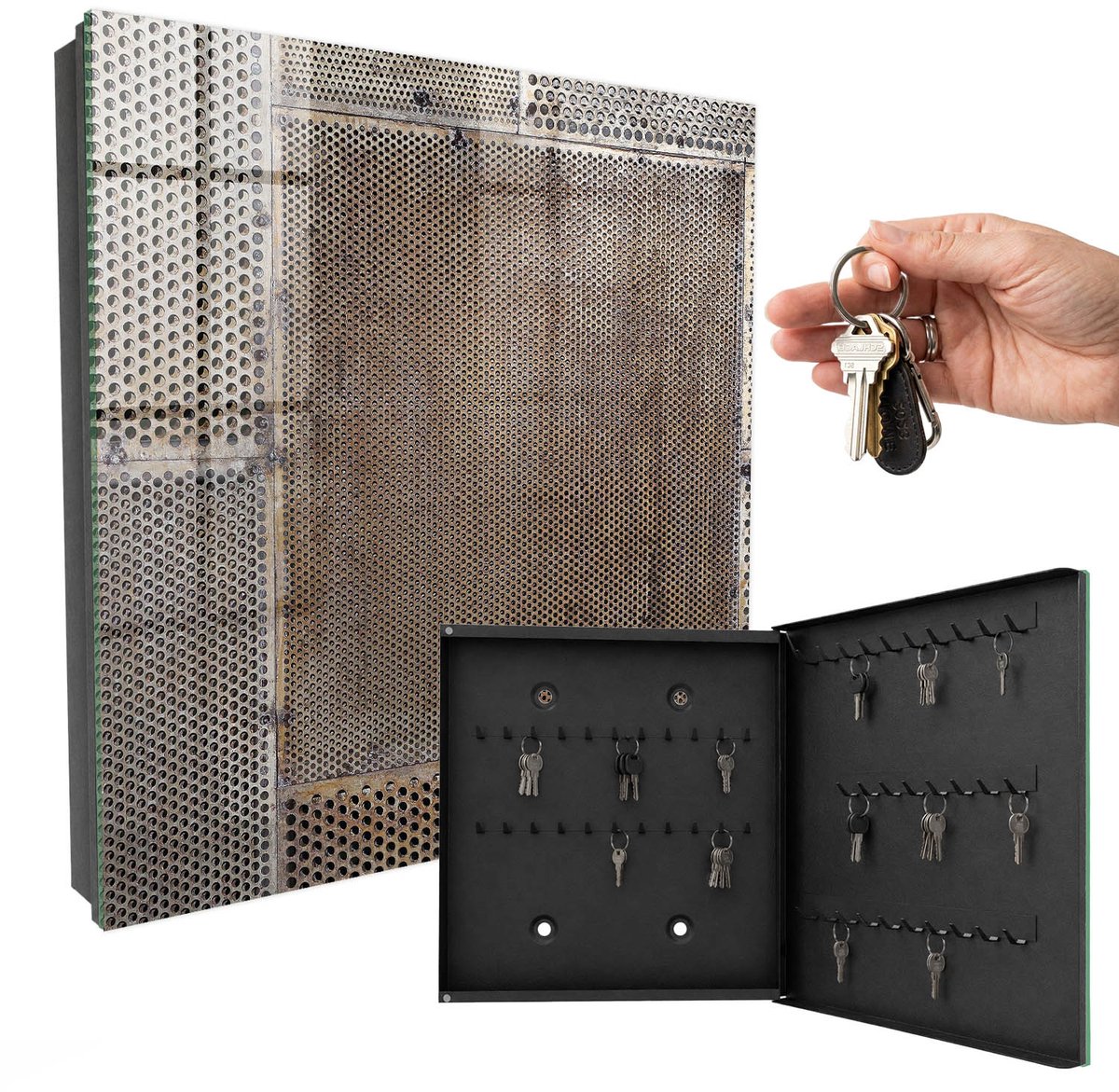 WallMuralia - Sleutelkast - 30x30x5 cm - met 50 haken - Industrieel Patroon Leuk Sleutelkastje - Bruin Sleutelbox - Rechtsopenend - Zwart interieur