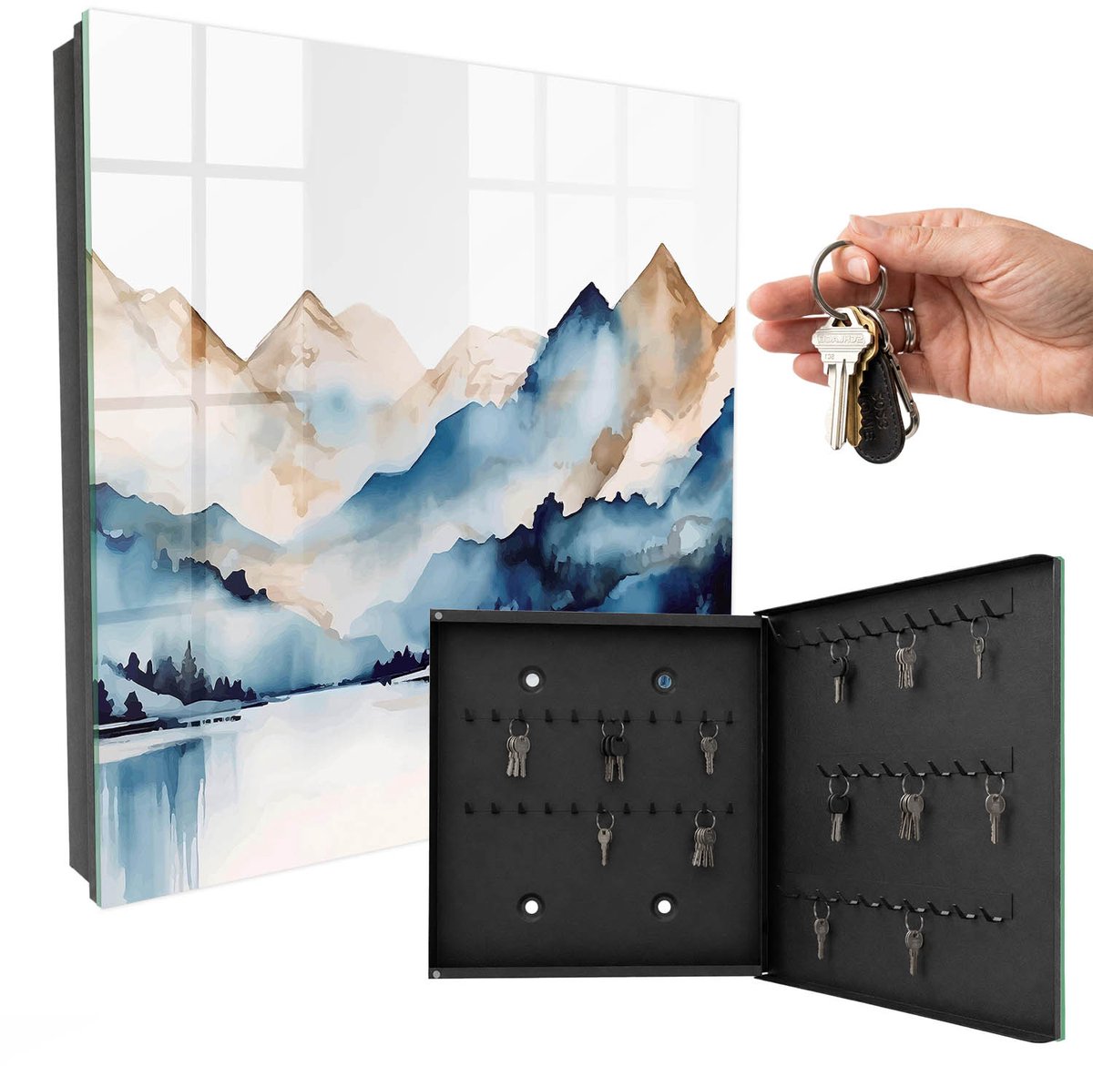 WallMuralia - Sleutelkast - 30x30x5 cm - met 50 haken - Aquarel Bergen Sleutelkastje Design - Blauw Sleutelbox - Rechtsopenend - Zwart interieur