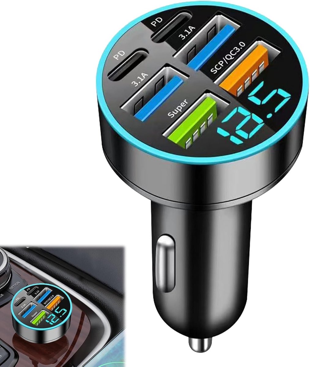 66 W autolader USB C, 6 poorten, sigarettenadapter met led-voltmeter, voor Samsung Galaxy S25 S24 S23, iPhone 16 16e 15 14 13 Pro Max, Android, Type-C, Pixel 9 8