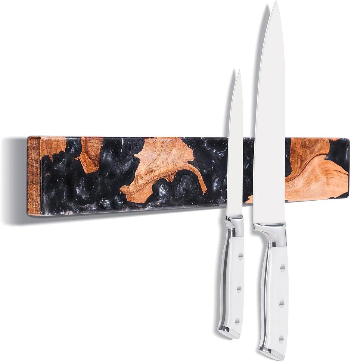 Magnetische Messenhouder voor aan de Wand van Acaciahout en Zwarte Hars - Ruimtebesparend en Sterke Magnetische Kracht voor Keukenaccessoires