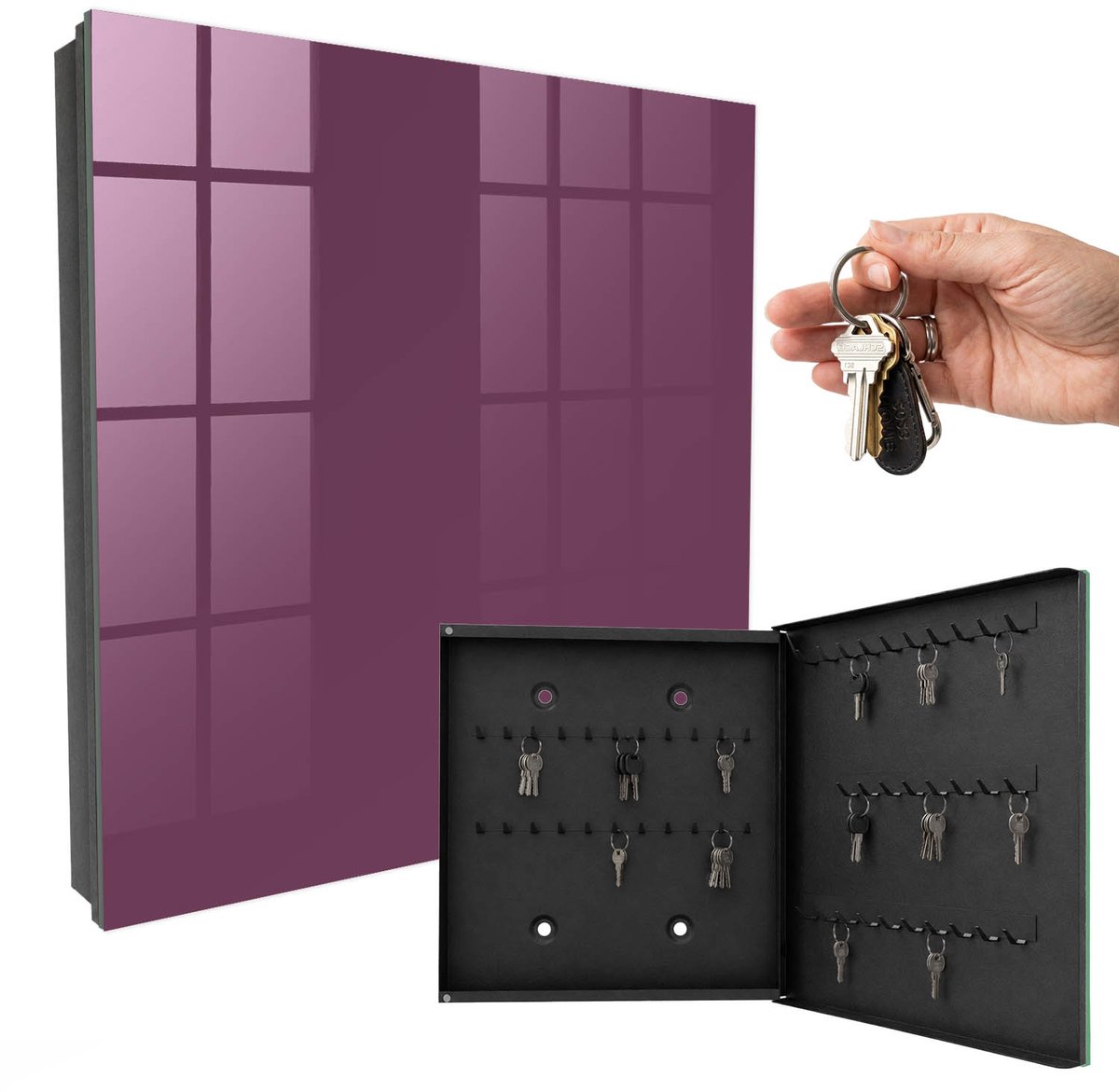 WallMuralia - Sleutelkast - 30x30x5 cm - met 50 haken - Kleur Bordeauxrood Sleutelkastje Muur - Bordeaux Sleutelbox - Rechtsopenend - Zwart interieur