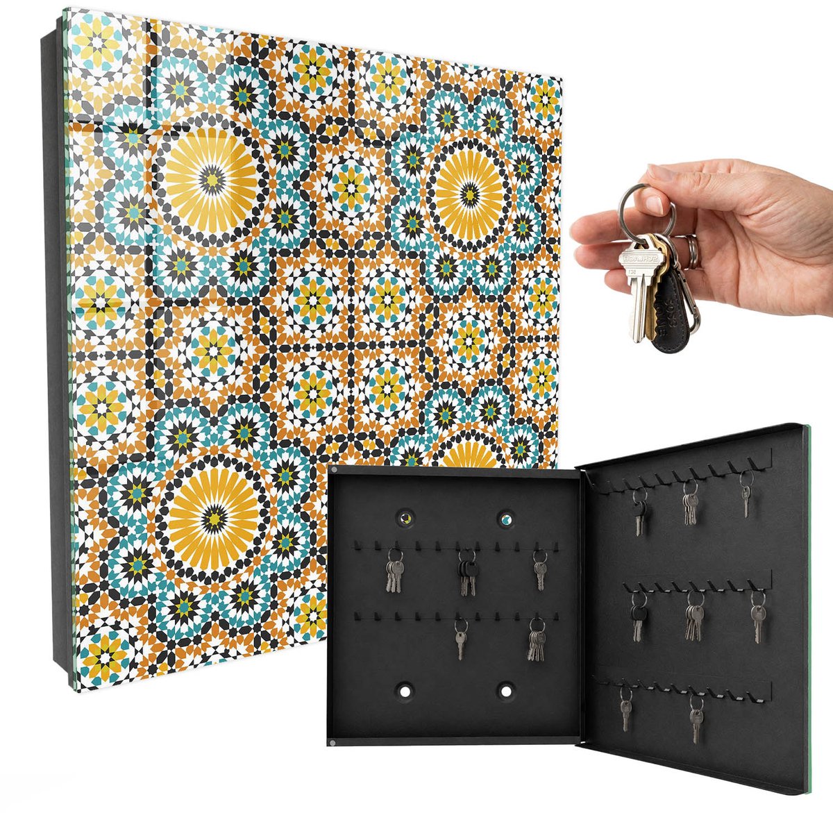 WallMuralia - Sleutelkast - 30x30x5 cm - met 50 haken - Geometrische Mozaïek Sleutelkastje Industrieel - Oranje Sleutelbox - Rechtsopenend - Zwart interieur