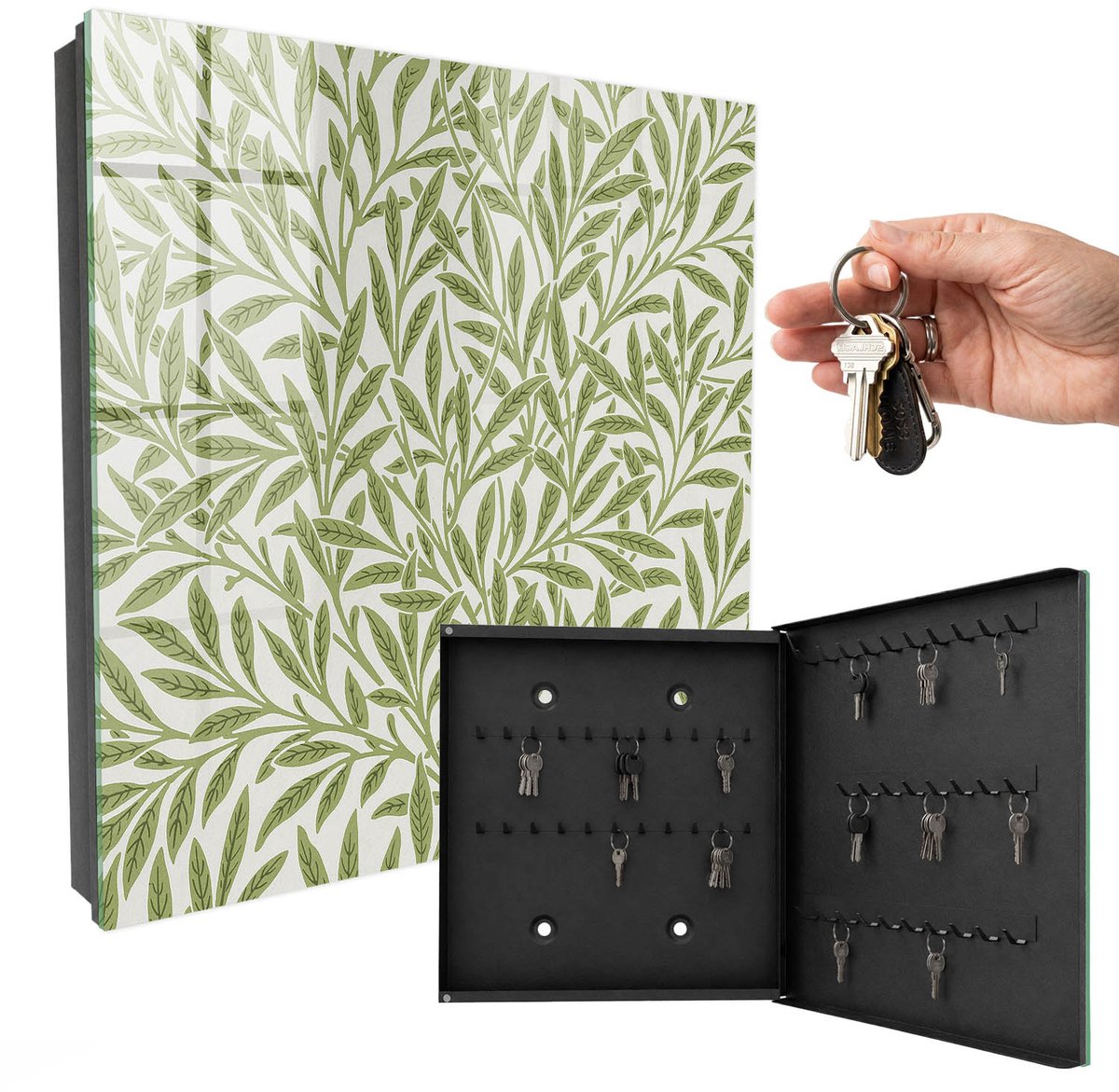 WallMuralia - Sleutelkast - 30x30x5 cm - met 50 haken - Groene Natuur Sleutelkastje Gang - Groente Sleutelbox - Rechtsopenend - Zwart interieur