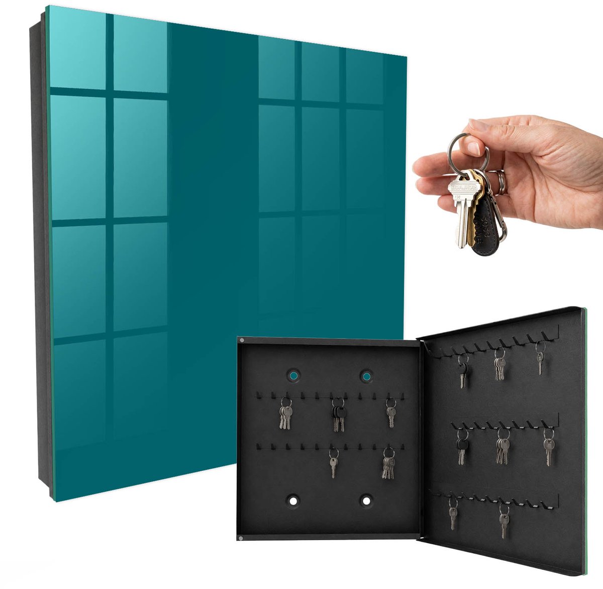 WallMuralia - Sleutelkast - 30x30x5 cm - met 50 haken - Donker Turkoois Sleutelkastje Landelijk - Turkoois Sleutelbox - Rechtsopenend - Zwart interieur