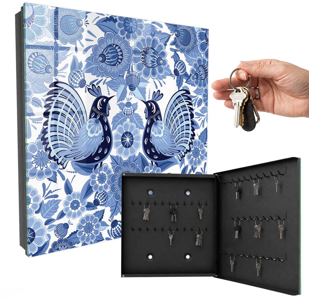 WallMuralia - Sleutelkast - 30x30x5 cm - met 50 haken - Volksvogels Groot Sleutelkastje - Blauw Sleutelbox - Rechtsopenend - Zwart interieur