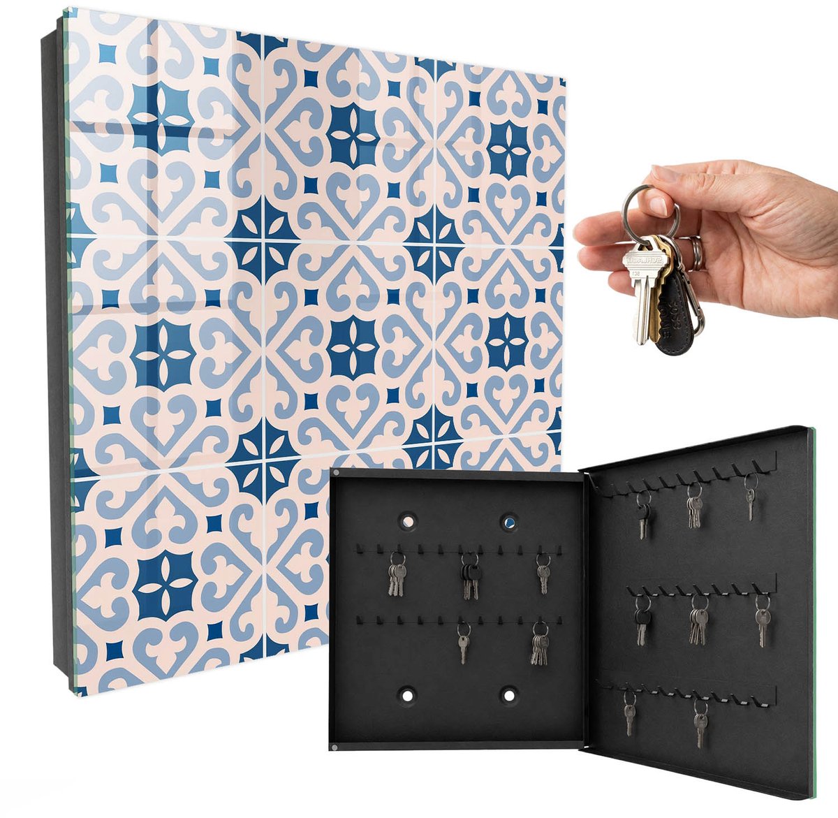 WallMuralia - Sleutelkast - 30x30x5 cm - met 50 haken - Decoratief Patroon Sleutelkastje Huis - Blauw Sleutelbox - Rechtsopenend - Zwart interieur