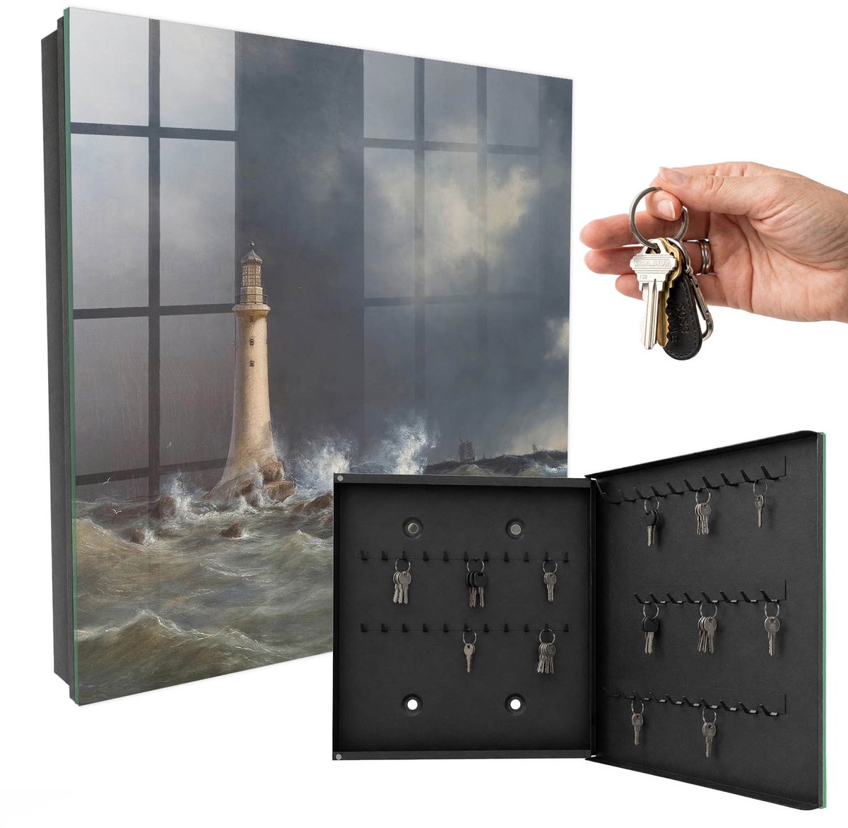 WallMuralia - Sleutelkast - 30x30x5 cm - met 50 haken - Stormachtige Zee Sleutelkastje Muur - Grijs Sleutelbox - Rechtsopenend - Zwart interieur