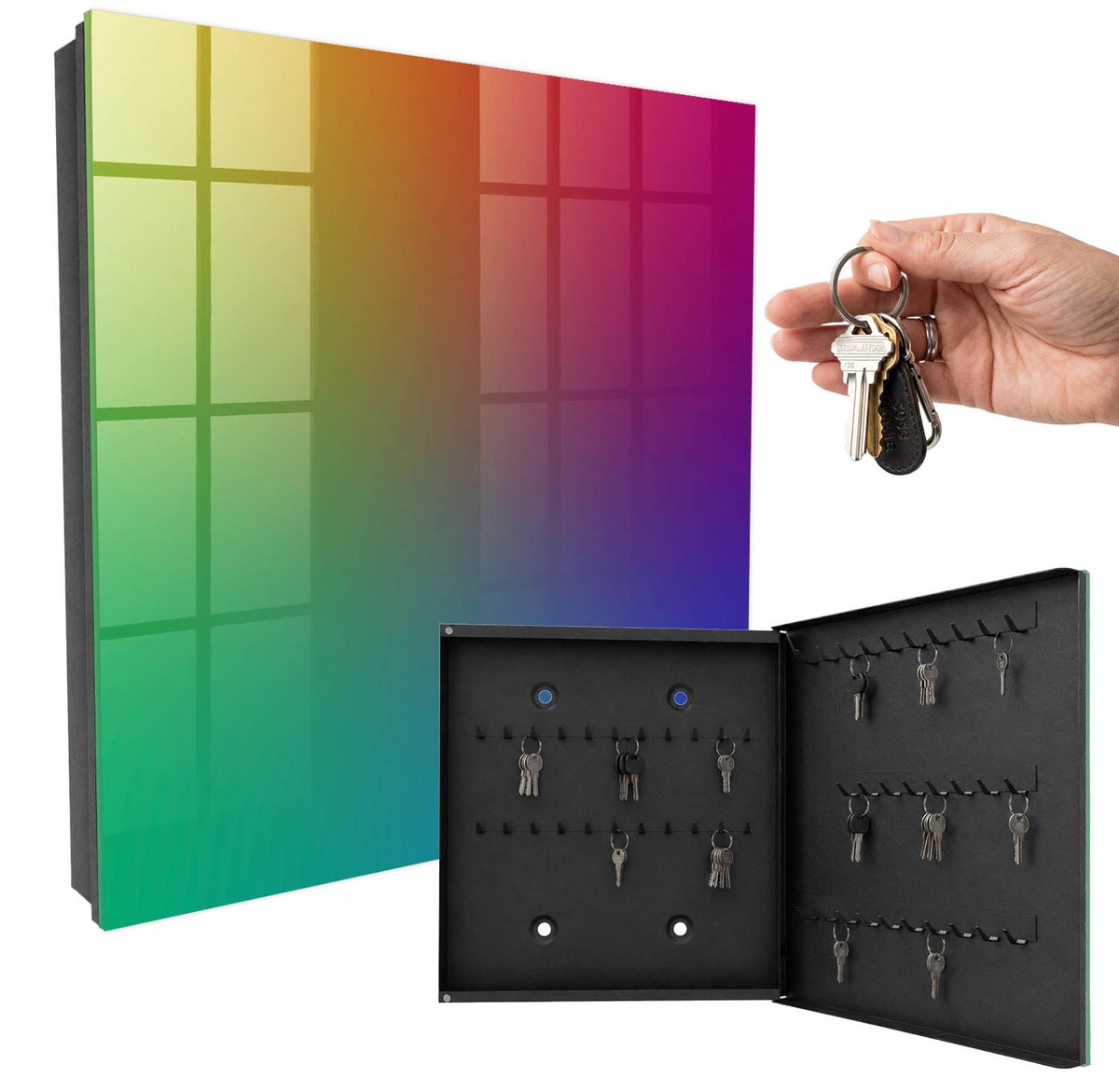 WallMuralia - Sleutelkast - 30x30x5 cm - met 50 haken - Kleurrijk Verloop Sleutelkastje Hal - Groente Sleutelbox - Rechtsopenend - Zwart interieur