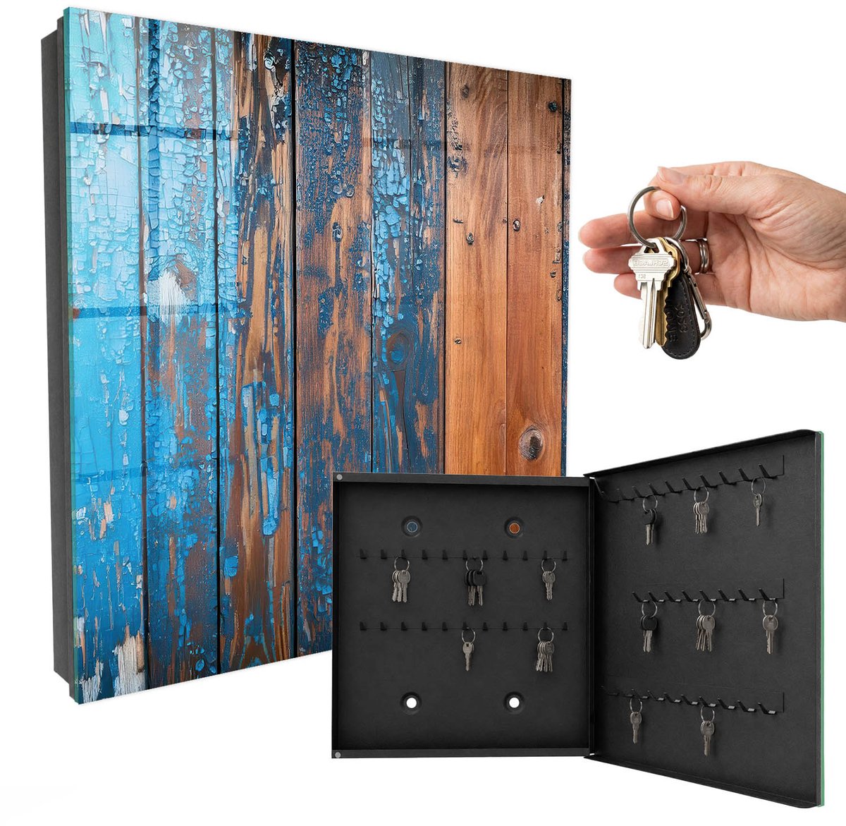 WallMuralia - Sleutelkast - 30x30x5 cm - met 50 haken - Houtstructuur Sleutelkastje Binnen - Blauw Sleutelbox - Rechtsopenend - Zwart interieur
