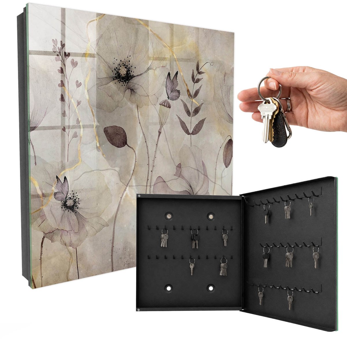 WallMuralia - Sleutelkast - 30x30x5 cm - met 50 haken - Delicate Flora Sleutelkastje Muur - Grijs Sleutelbox - Rechtsopenend - Zwart interieur