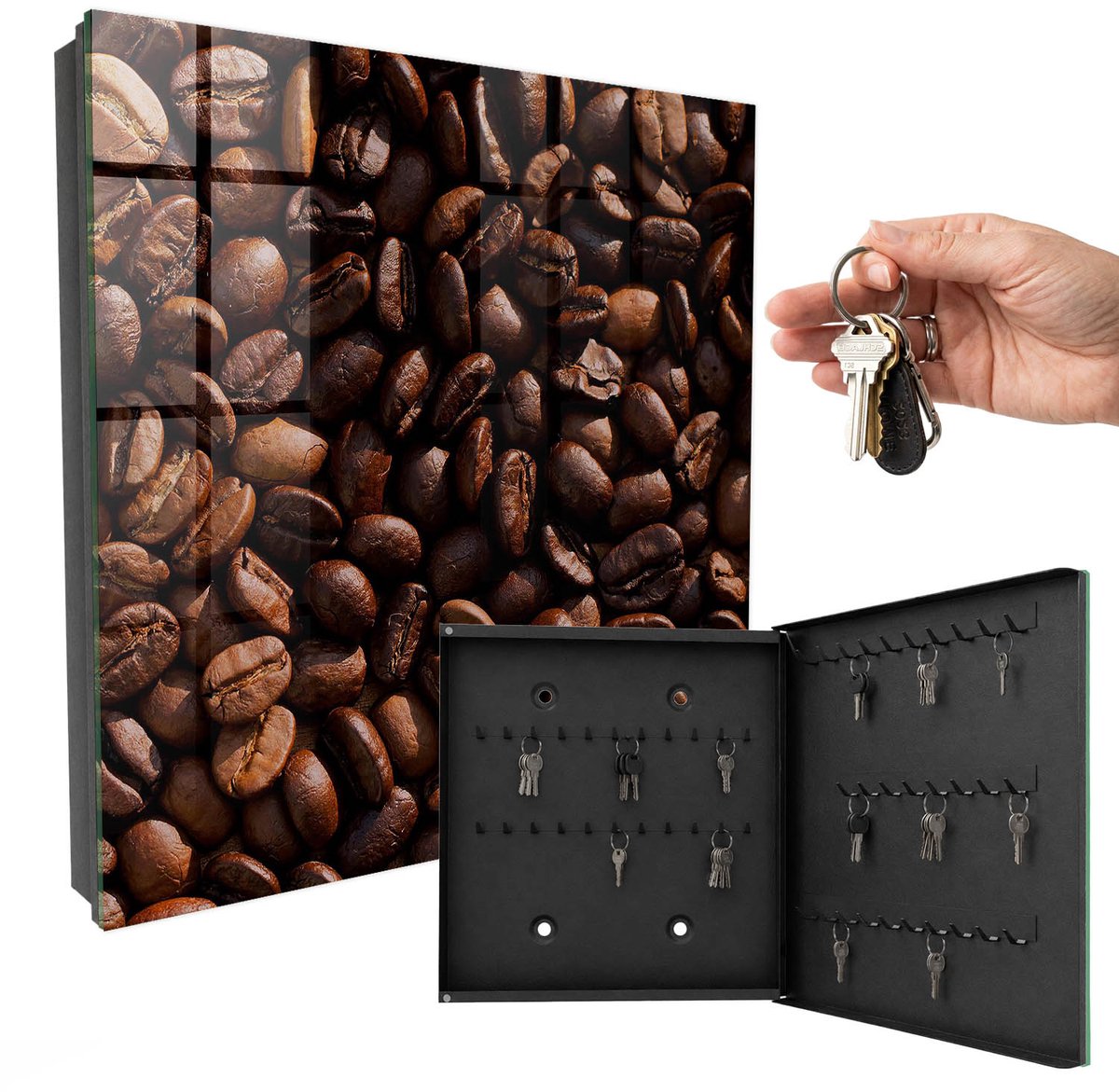 WallMuralia - Sleutelkast - 30x30x5 cm - met 50 haken - Aromatische Koffie Sleutelkastje Muur - Bruin Sleutelbox - Rechtsopenend - Zwart interieur