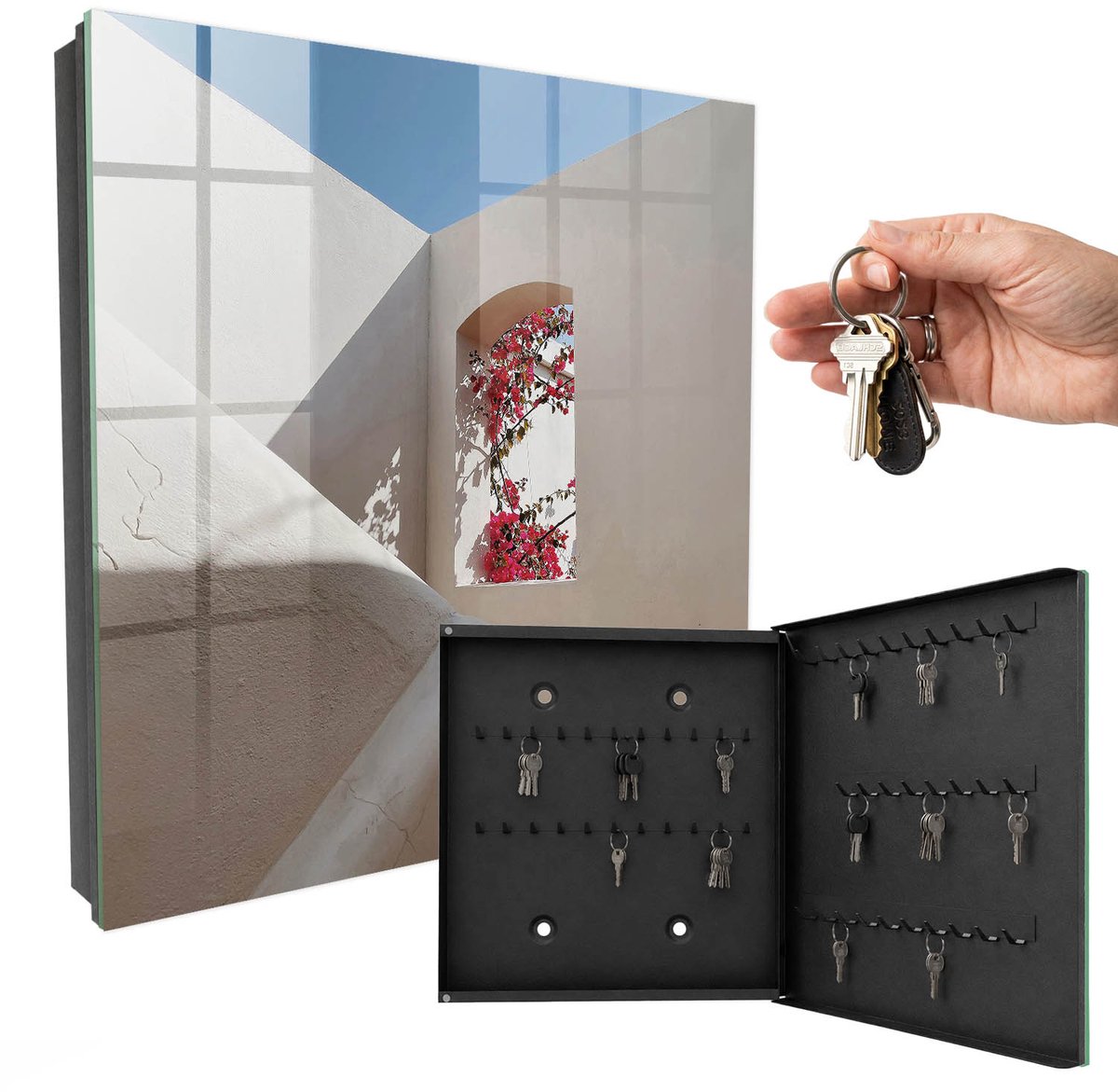 WallMuralia - Sleutelkast - 30x30x5 cm - met 50 haken - Een Rustig Hoekje Sleutelkastje Huis - Wit Sleutelbox - Rechtsopenend - Zwart interieur