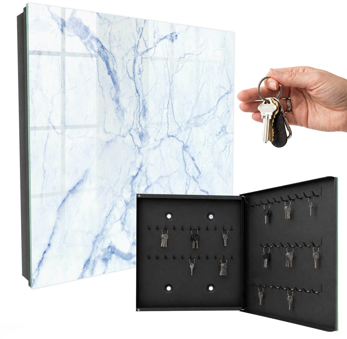 WallMuralia - Sleutelkast - 30x30x5 cm - met 50 haken - Marmerpatroon Sleutelkastje Modern - Wit Sleutelbox - Rechtsopenend - Zwart interieur