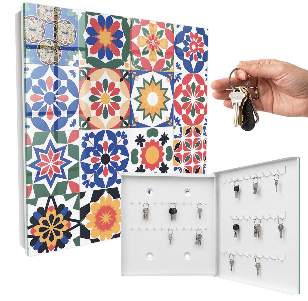 WallMuralia - Sleutelkast - 30x30x5 cm - met 50 haken - Bloemenmozaïek Groot Sleutelkastje - Blauw Sleutelbox - Rechtsopenend - Wit interieur