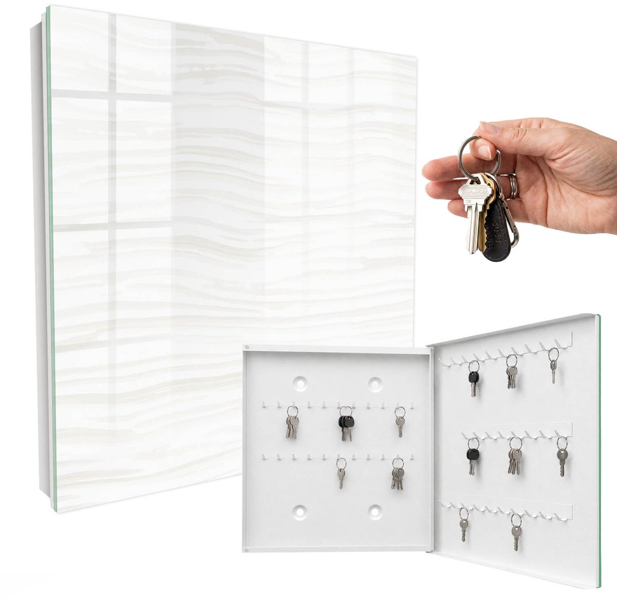 WallMuralia - Sleutelkast - 30x30x5 cm - met 50 haken - Subtiele Golven Sleutelkastje - Grijs Sleutelbox - Rechtsopenend - Wit interieur