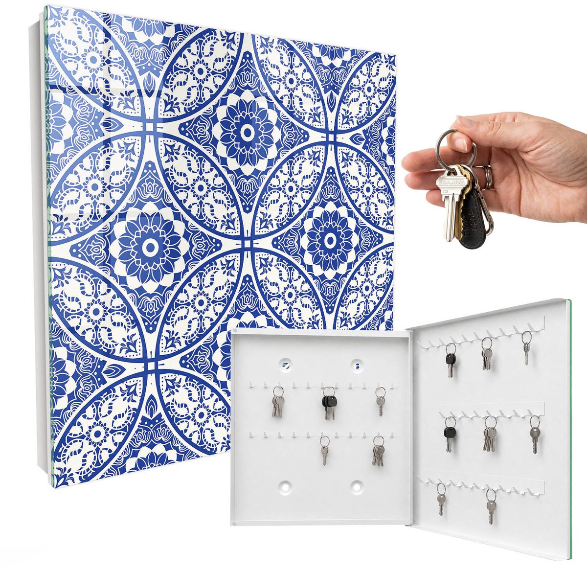 WallMuralia - Sleutelkast - 30x30x5 cm - met 50 haken - Blauw Mozaïek Sleutelkastje Industrieel - Blauw Sleutelbox - Rechtsopenend - Wit interieur