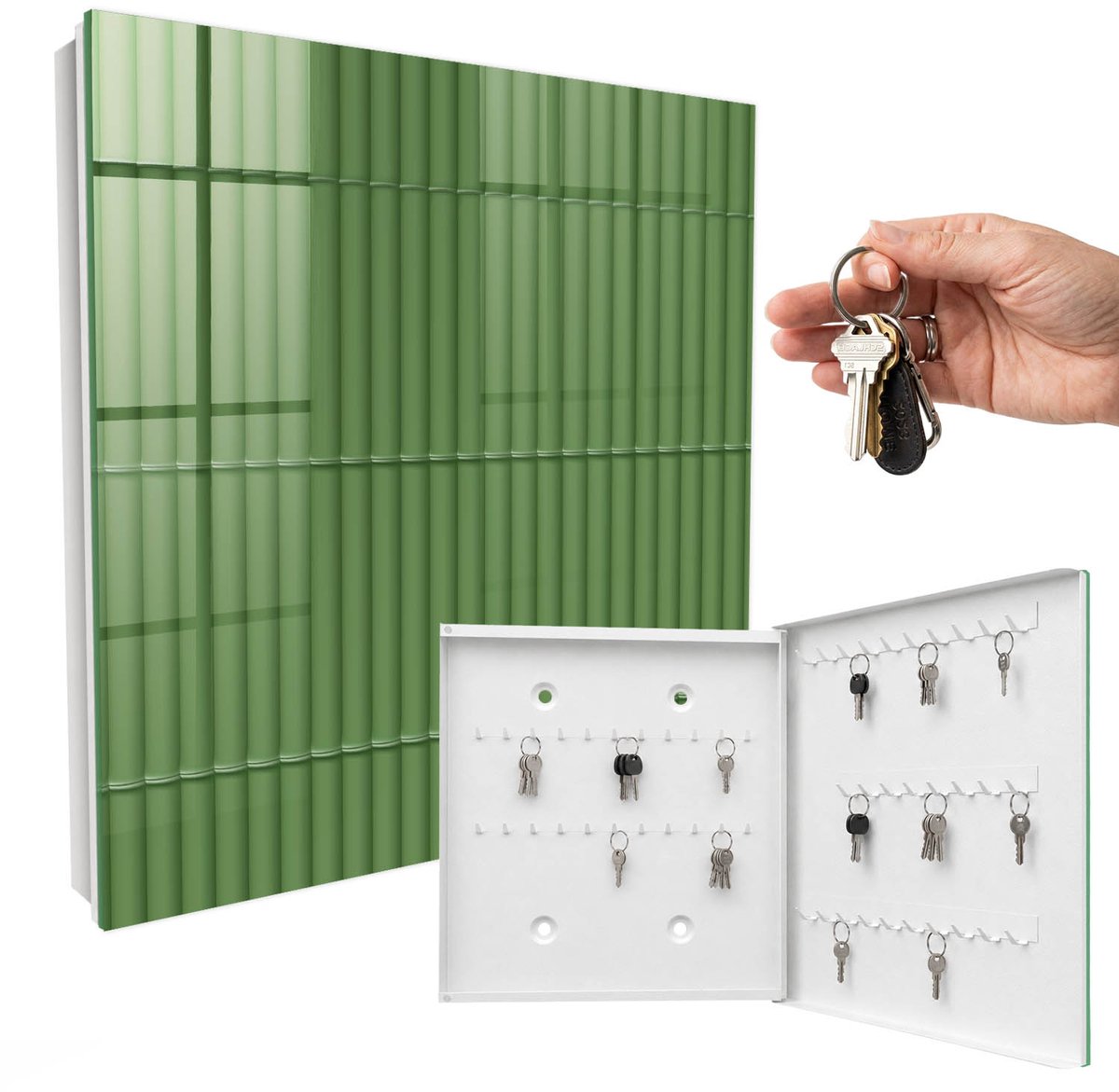 WallMuralia - Sleutelkast - 30x30x5 cm - met 50 haken - Groene Bamboe Design Sleutelkastje - Groente Sleutelbox - Rechtsopenend - Wit interieur