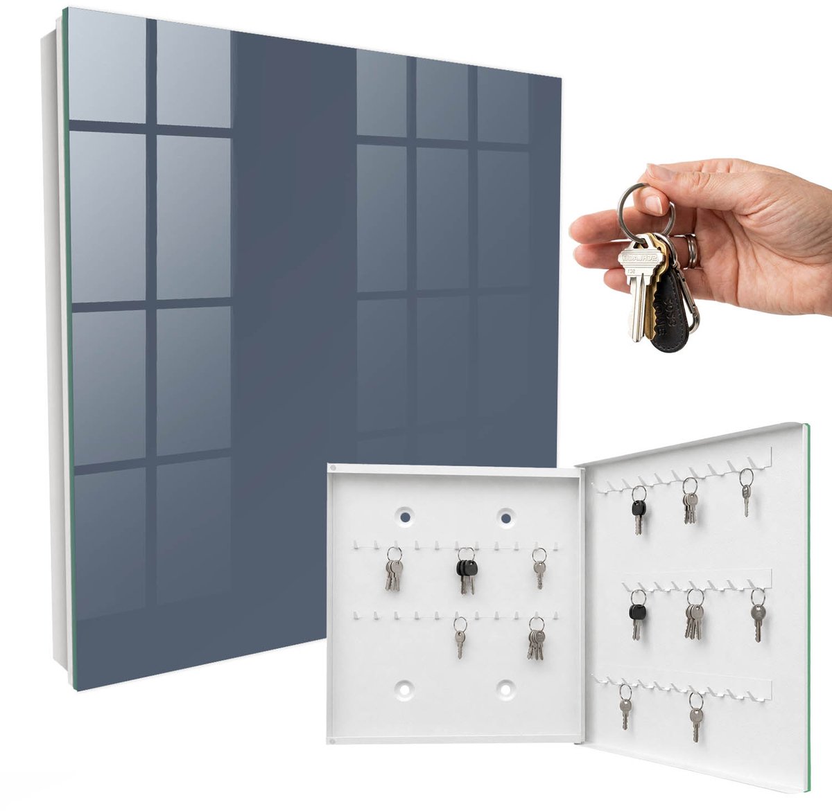WallMuralia - Sleutelkast - 30x30x5 cm - met 50 haken - Koelgrijs Sleutelkastje Modern - Grijs Sleutelbox - Rechtsopenend - Wit interieur