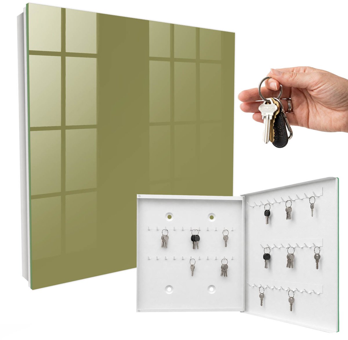 WallMuralia - Sleutelkast - 30x30x5 cm - met 50 haken - Groen Gras Sleutelkastje Landelijk - Geel Sleutelbox - Rechtsopenend - Wit interieur