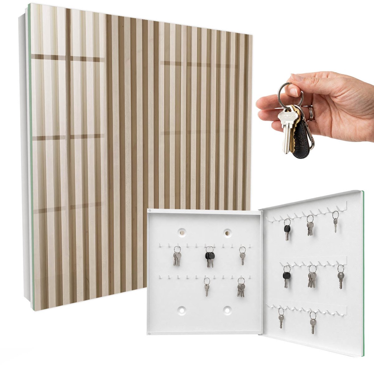 WallMuralia - Sleutelkast - 30x30x5 cm - met 50 haken - Beige Lijnen Sleutelkastje Voor Binnen - Beige Sleutelbox - Rechtsopenend - Wit interieur
