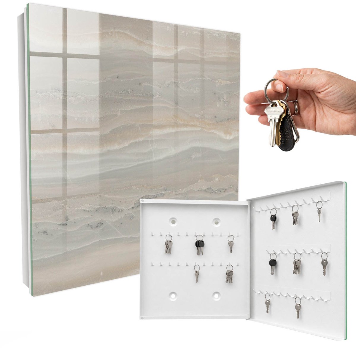 WallMuralia - Sleutelkast - 30x30x5 cm - met 50 haken - Beige Golven Sleutelkastje Gang - Beige Sleutelbox - Rechtsopenend - Wit interieur