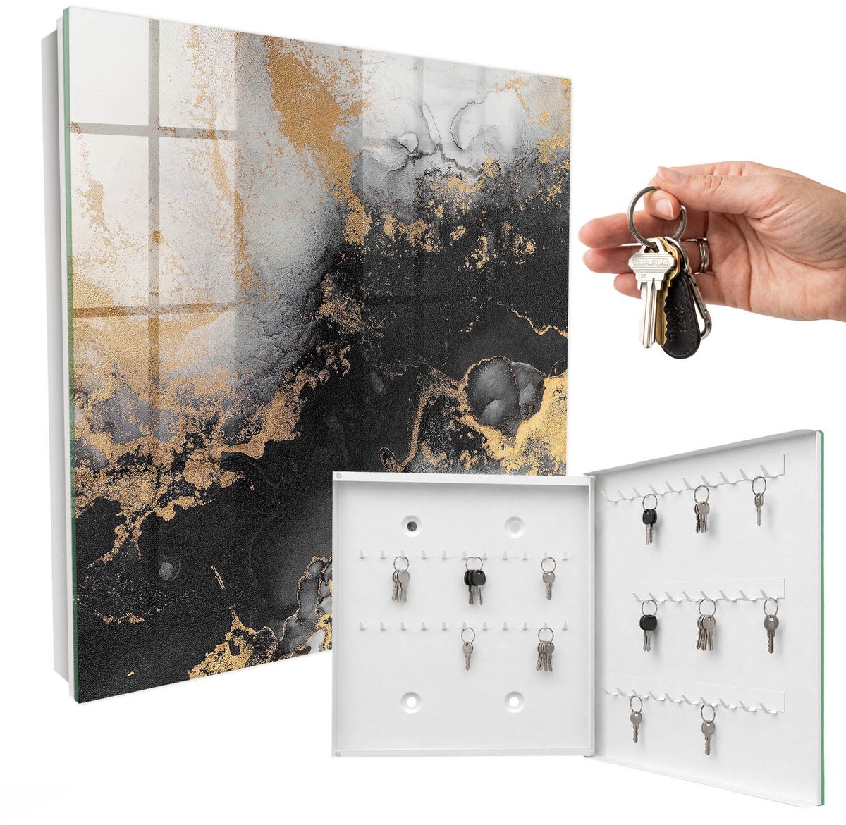 WallMuralia - Sleutelkast - 30x30x5 cm - met 50 haken - Zwarte Elegantie Sleutelkastje Gang - Zwart Sleutelbox - Rechtsopenend - Wit interieur