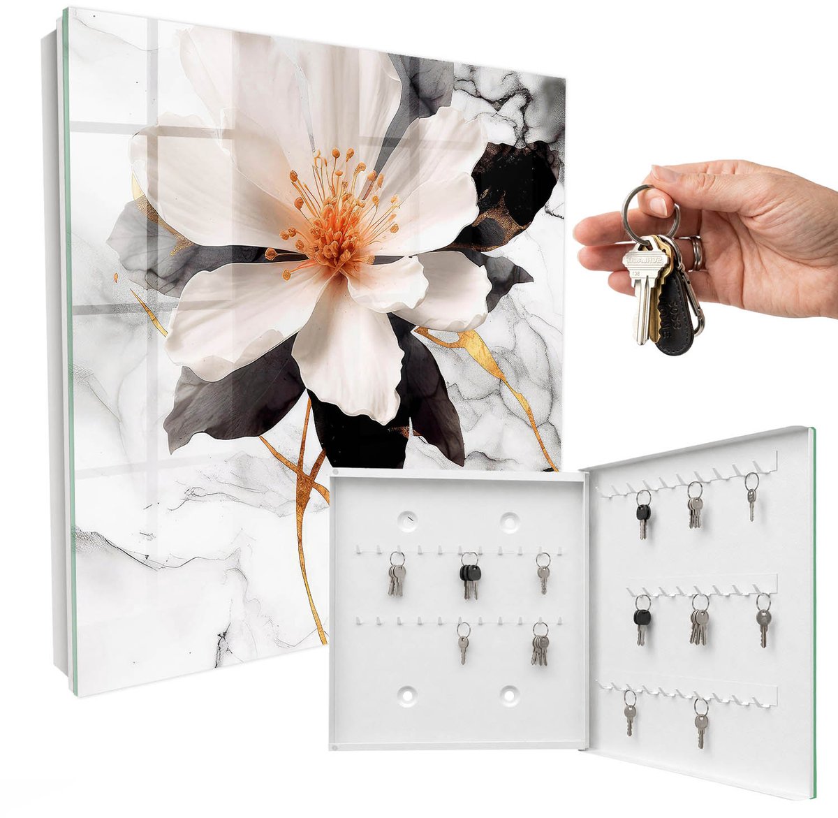 WallMuralia - Sleutelkast - 30x30x5 cm - met 50 haken - Bloemenpracht Sleutelkastje Modern - Wit Sleutelbox - Rechtsopenend - Wit interieur