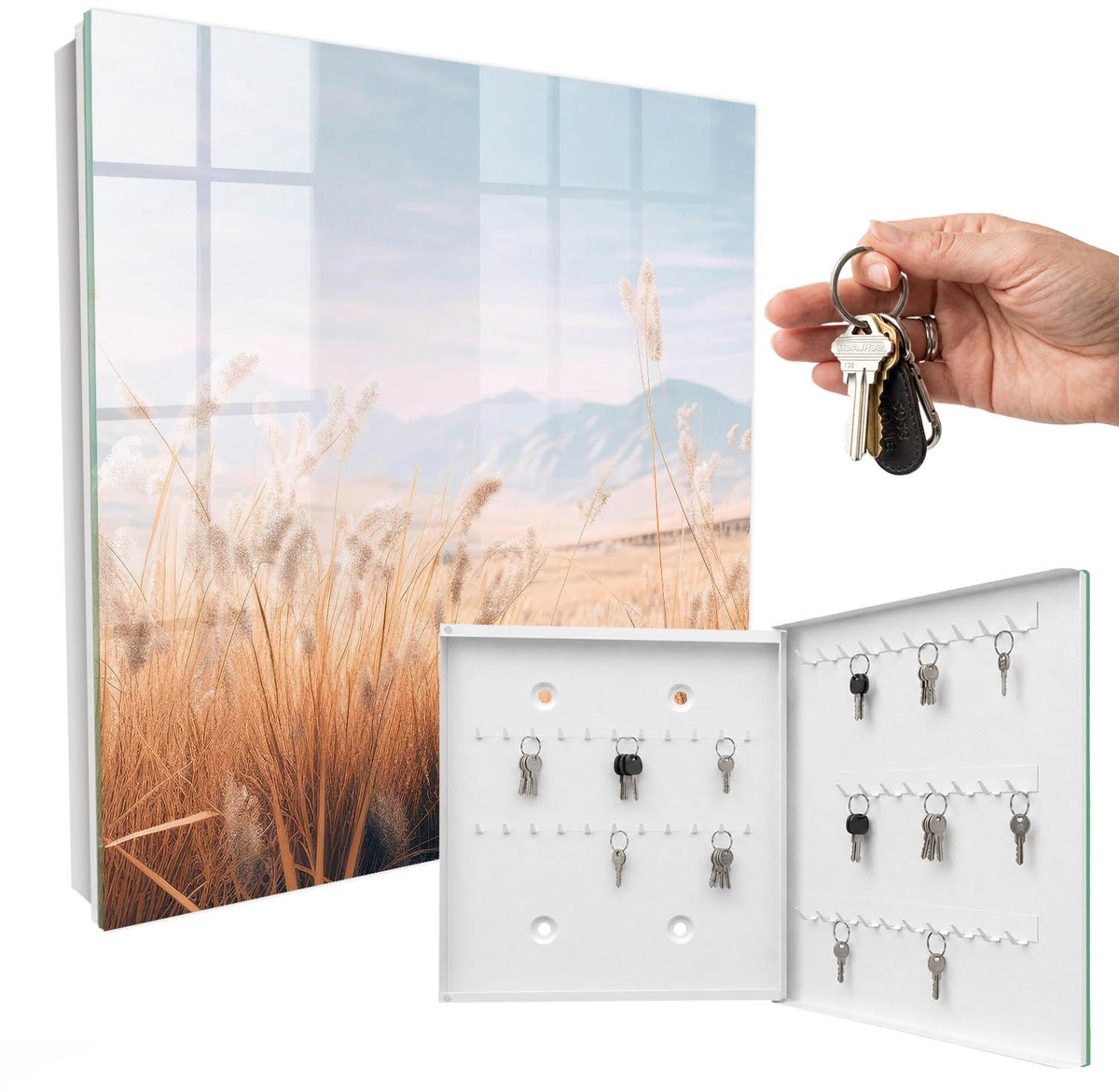 WallMuralia - Sleutelkast - 30x30x5 cm - met 50 haken - Graslandschap Groot Sleutelkastje - Beige Sleutelbox - Rechtsopenend - Wit interieur