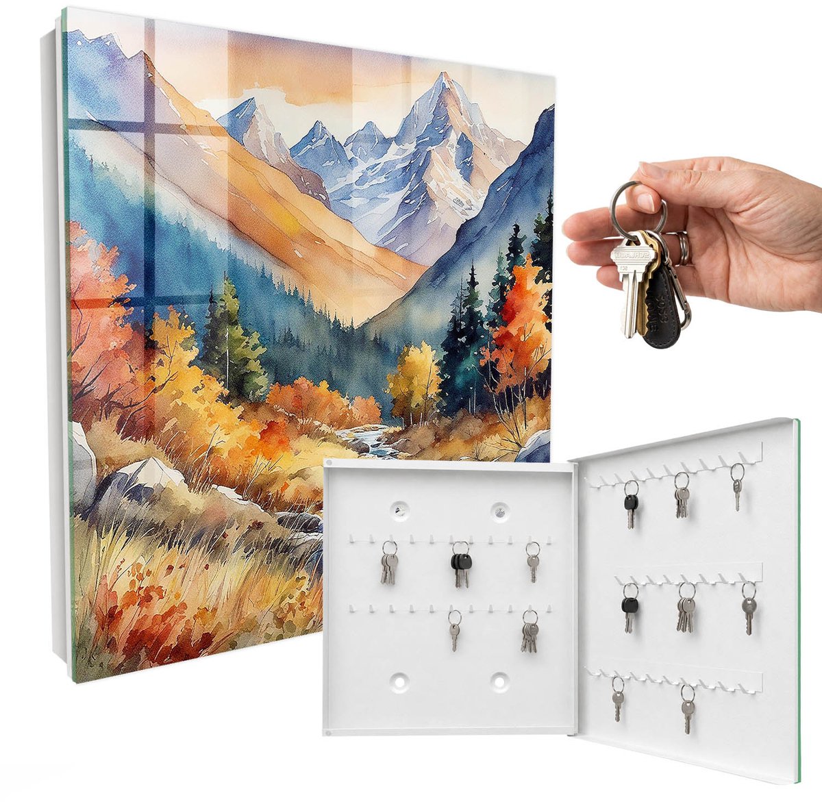 WallMuralia - Sleutelkast - 30x30x5 cm - met 50 haken - Herfstbergen Sleutelkastje Gang - Oranje Sleutelbox - Rechtsopenend - Wit interieur