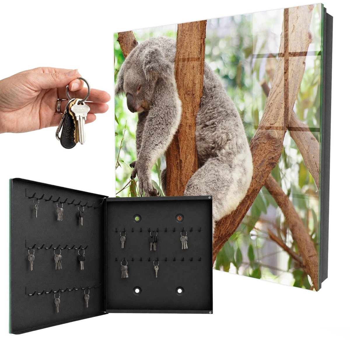 WallMuralia - Sleutelkast - 30x30x5 cm - met 50 haken - Koala Ontspanning Sleutelkastje Muur - Grijs Sleutelbox - Linksopenend - Zwart interieur