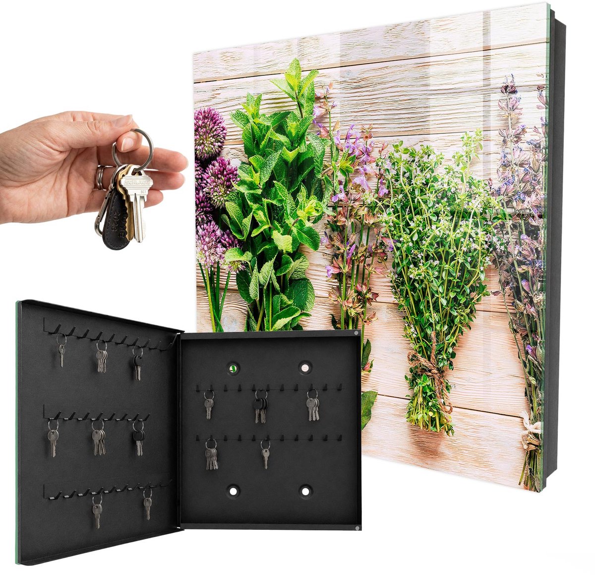 WallMuralia - Sleutelkast - 30x30x5 cm - met 50 haken - Groene Kruiden Sleutelkastje Binnen - Groente Sleutelbox - Linksopenend - Zwart interieur