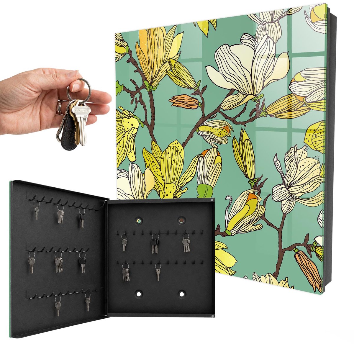 WallMuralia - Sleutelkast - 30x30x5 cm - met 50 haken - Levende Natuur Sleutelkastje Hal - Groente Sleutelbox - Linksopenend - Zwart interieur