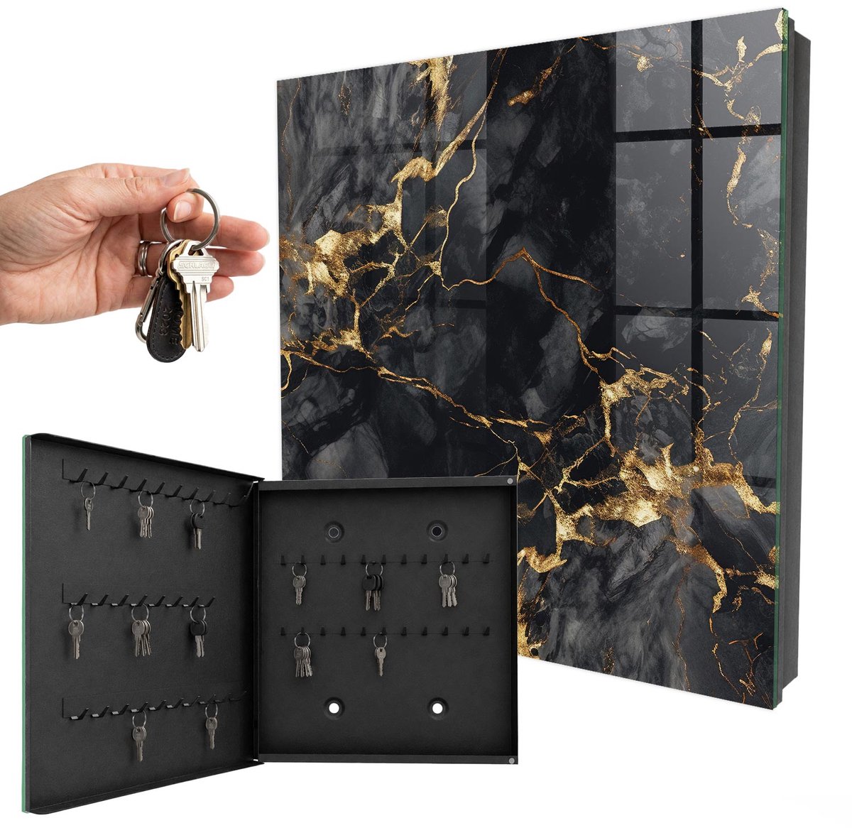 WallMuralia - Sleutelkast - 30x30x5 cm - met 50 haken - Zwart Marmer Sleutelkastje Landelijk - Zwart Sleutelbox - Linksopenend - Zwart interieur