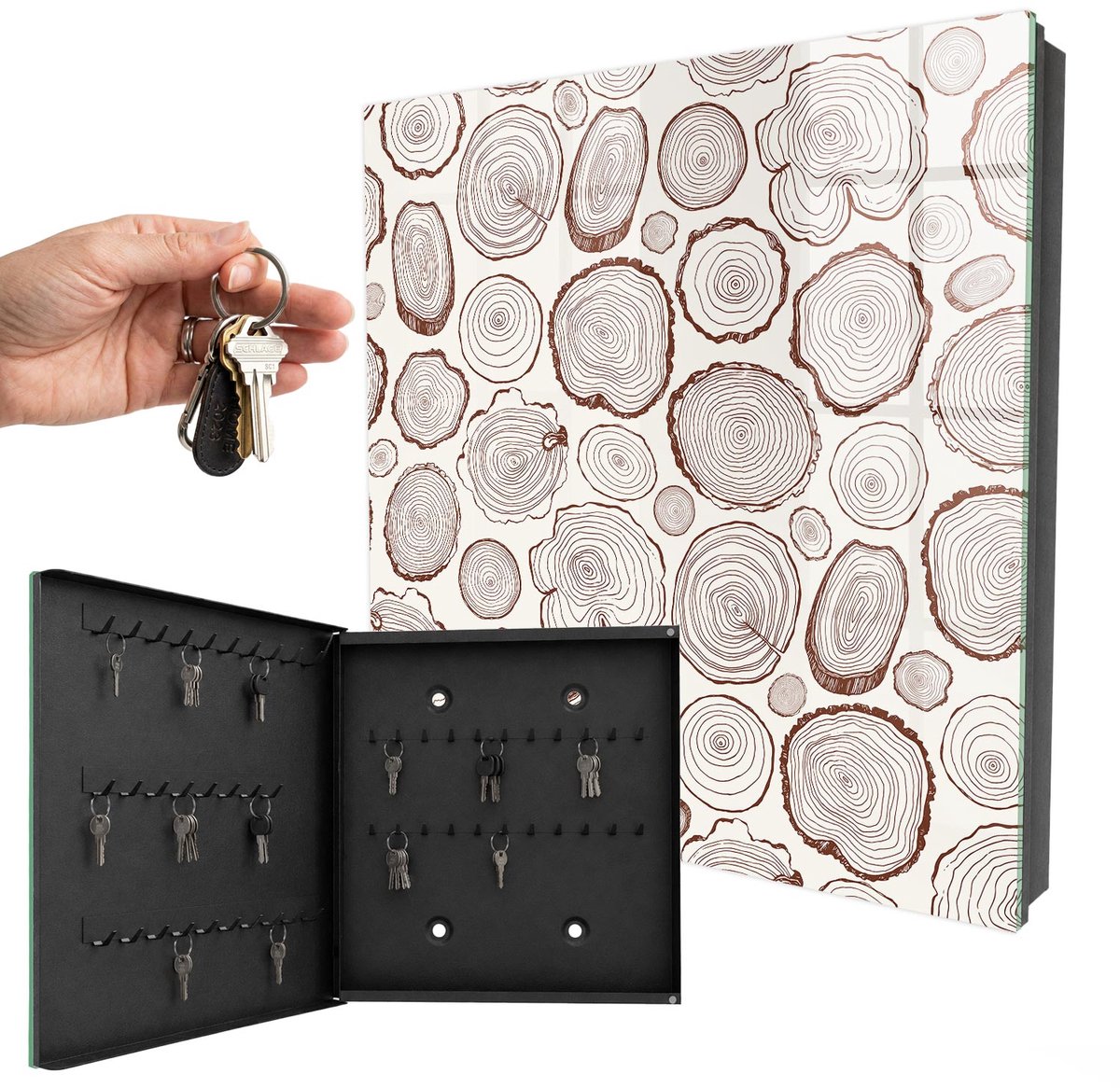 WallMuralia - Sleutelkast - 30x30x5 cm - met 50 haken - Houten Ringen Sleutelkastje Gang - Bruin Sleutelbox - Linksopenend - Zwart interieur